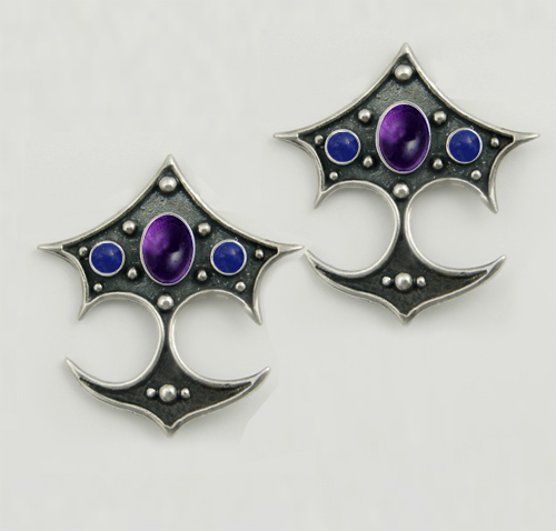 Sterling Silver Gothic Drop Dangle Earrings With Amethyst And Lapis Lazuli